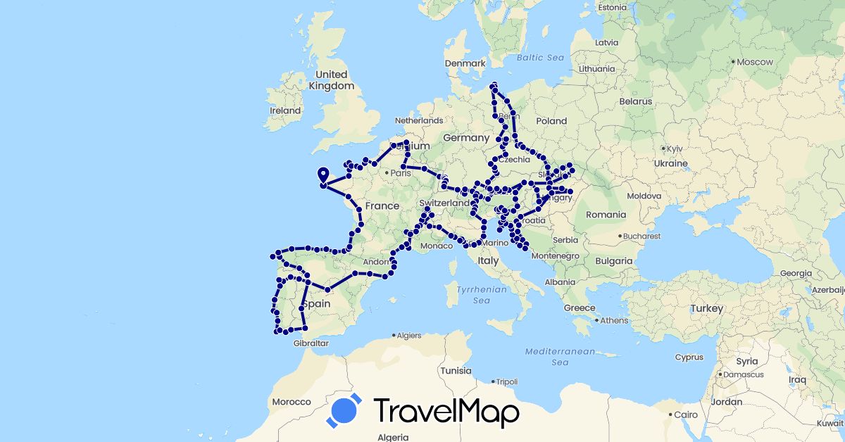 TravelMap itinerary: driving in Austria, Belgium, Czech Republic, Germany, Spain, France, Croatia, Hungary, Italy, Poland, Portugal, Slovenia, Slovakia (Europe)